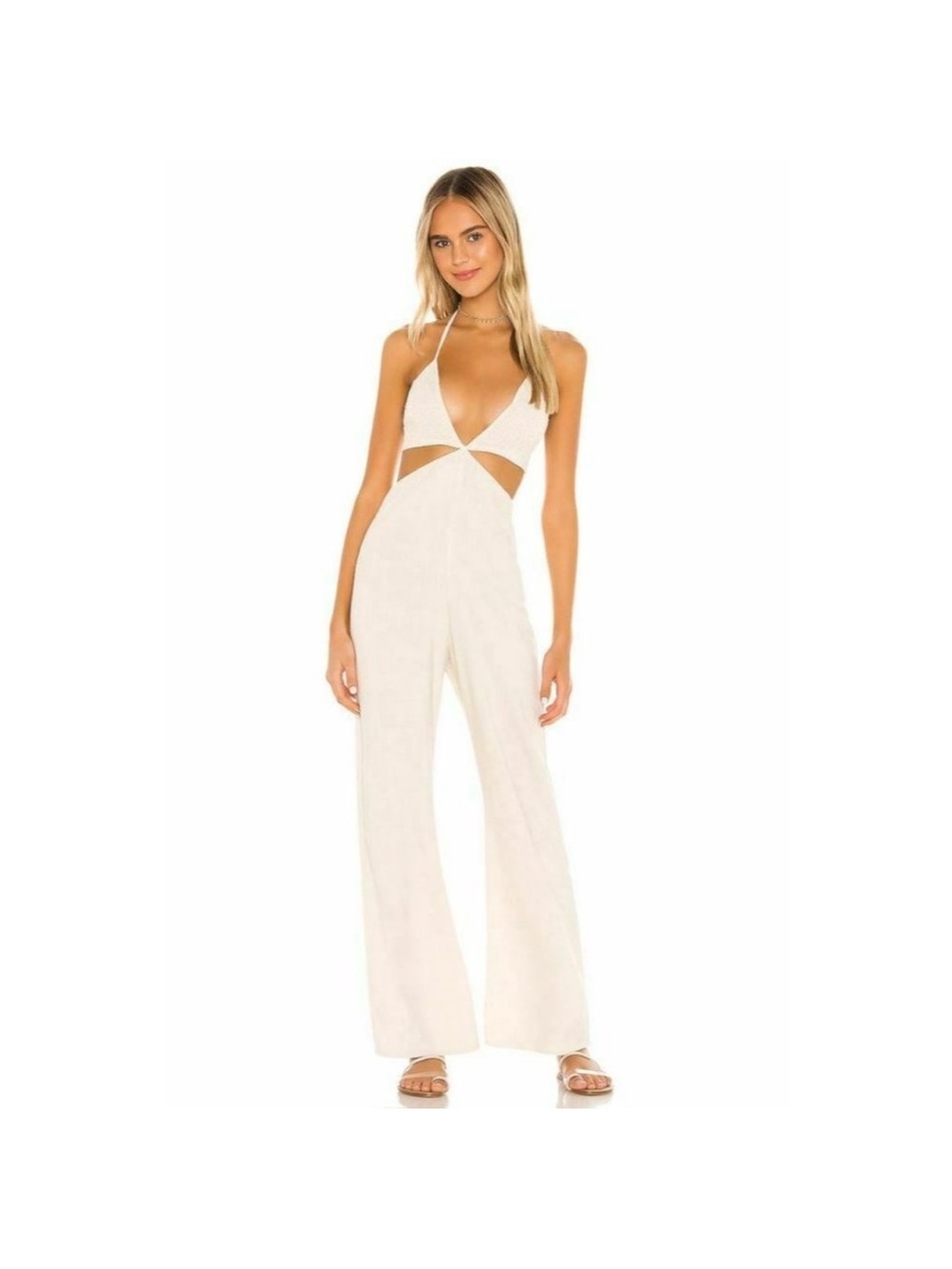Style Rack Linen Oatmeal Cutout Halter Jumpsuit